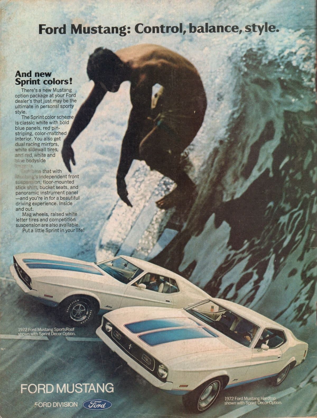 Ford Mustang ad with copy 'Control, balance, style'.