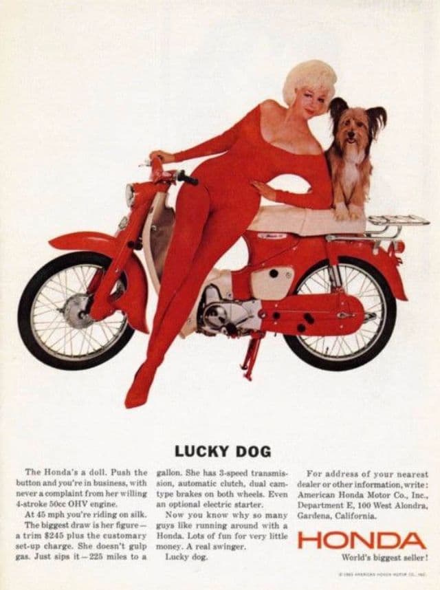 Vintage Honda motorcycle ad with sexist copy.