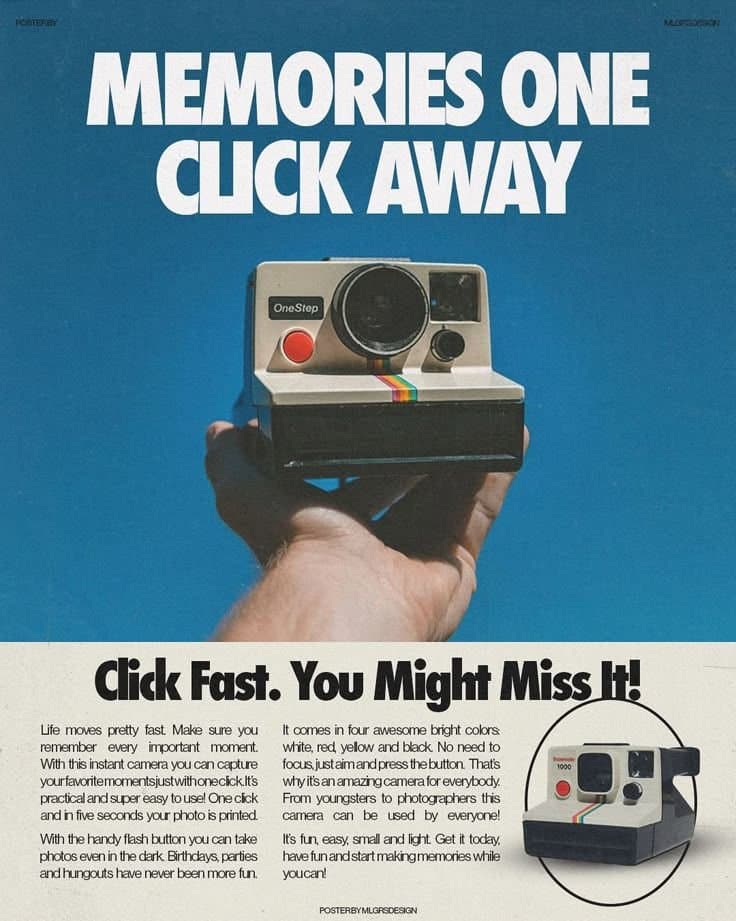 Retro instant camera ad with copy 'Memories one click away'.