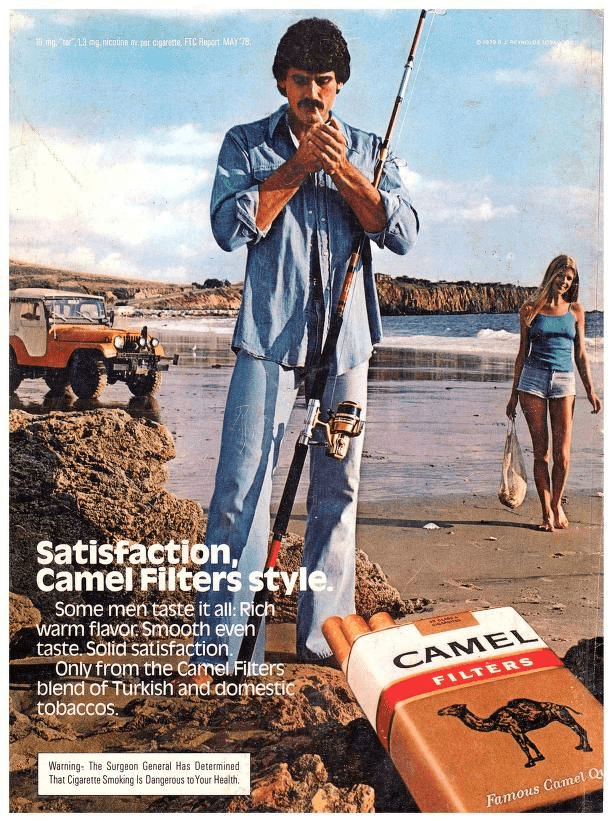 Camel ad with a beach and adventure scene.
